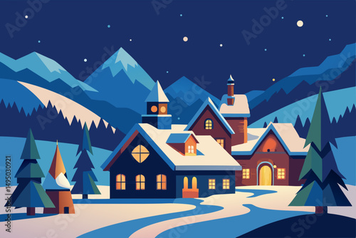 Christmas village with snow and glowing lights vector illustration