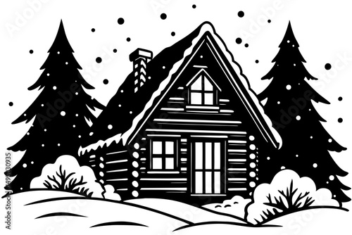 cozy wooden cabin surrounded by thick blanket of snow vector illustration