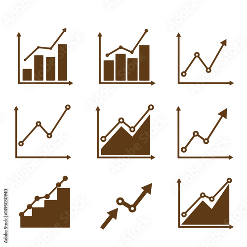 Financial and business performance charts and graphs in silhouette style on white background