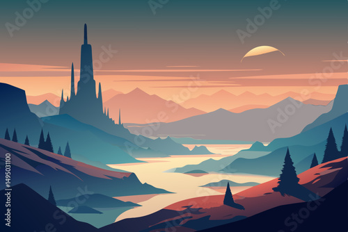 Mysterious mist-covered landscape in early dawn vector illustration
