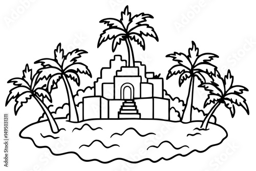 Lush jungle island with hidden ancient ruins vector illustration