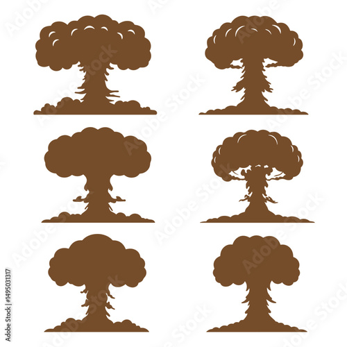 Six silhouette illustrations of mushroom cloud explosions on a white background, nuclear threat