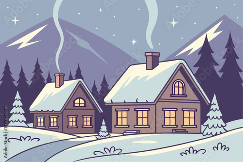 snowy village nestled in mountains glowing vector illustration