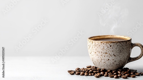 A warm cup of coffee on a light surface. Steam rising from a light brown ceramic mug. Coffee beans scattered around the cup