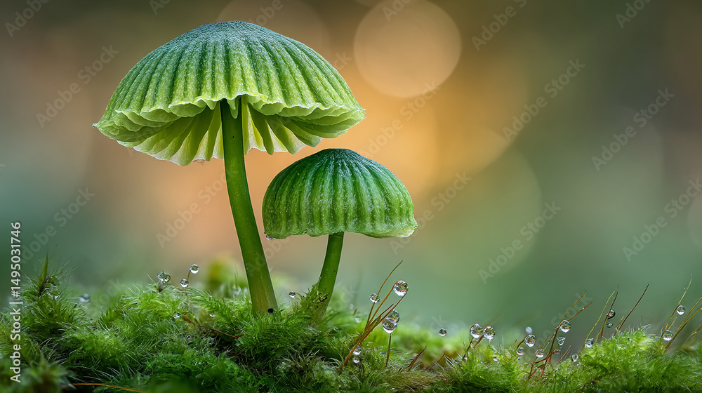 Fototapeta premium Dew-Kissed Mushrooms on Mossy Ground A Close-Up of Nature's Beauty in a Lush Green Environment