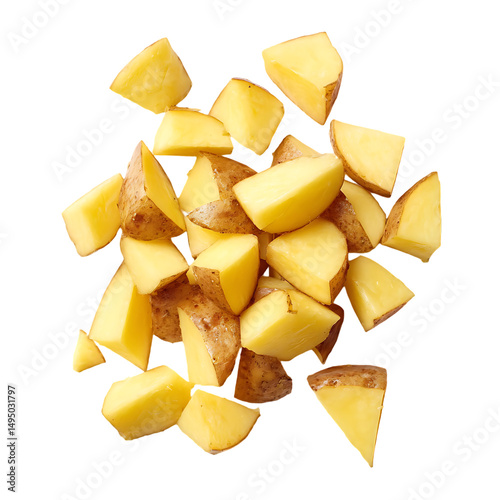 High-angle view of a generous collection of diced, golden-yellow potatoes, ideal for cooking or preparing a meal.