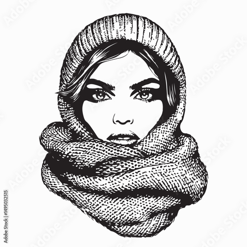 Woman With Knitted Scarf Vector Image Isolated on white background.