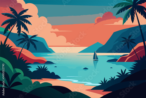 Tropical paradise with vibrant coral reefs visible underwater vector illustration