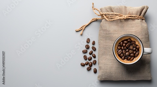 Aromatic coffee beans in a white cup on a light background with a burlap bag