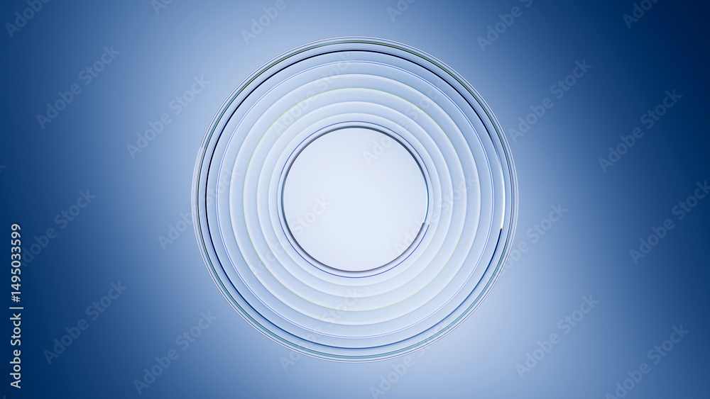 Obraz premium 3D rendering. Abstract crystal round frame, clear ring with ribbed glass texture, isolated on light blue background