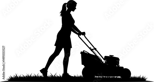 A Person Mowing Lawn with a Lawn Mower Silhouette Vector Illustration

