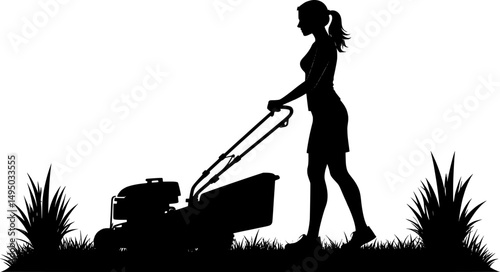 A Person Mowing Lawn with a Lawn Mower Silhouette Vector Illustration
