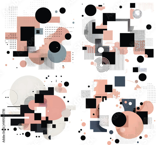 Modern abstract geometric pattern with overlapping shapes and stylish colors, creating a dynamic visual composition ideal for artistic designs or contemporary decorative elements.
