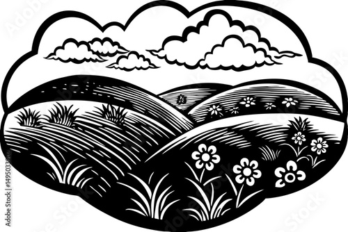 Fairytale-like landscape with rolling green hills vector illustration