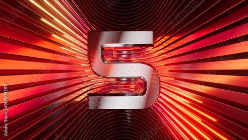 Bild auf Leinwand 3D rendering of a metallic number five with curved red neon lines on a background