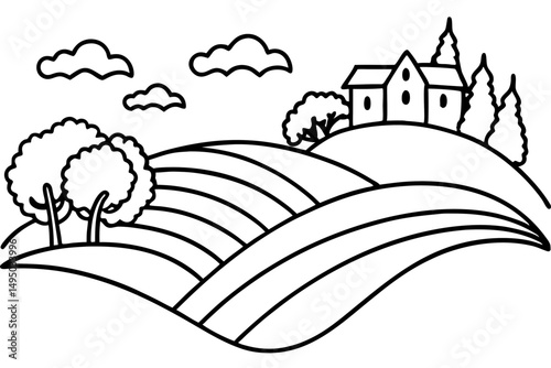 fairytale landscape with rolling green hills and cottages vector illustration