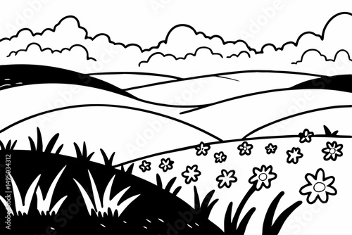 Fairytale-like landscape with rolling green hills vector illustration