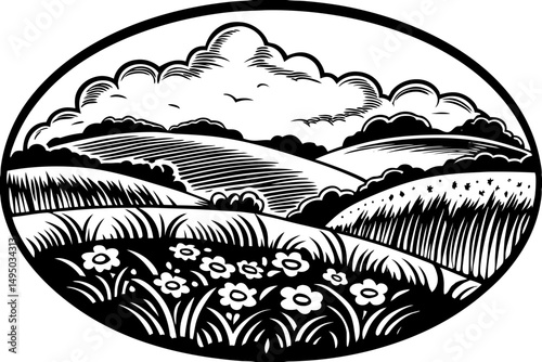 Fairytale landscape with rolling green hills vector illustration