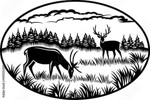 Misty morning on a grassland with grazing deer vector illustration