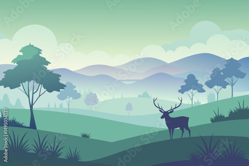 Misty morning in an open grassland with deer grazing vector illustration