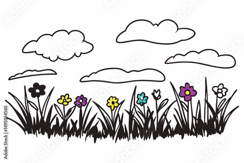 Lush green meadow dotted with colorful wildflowers vector illustration