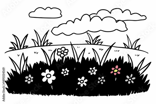 Lush green meadow dotted with colorful wildflowers vector illustration