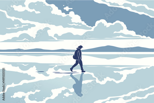 salt flat reflecting sky like mirror vector illustration