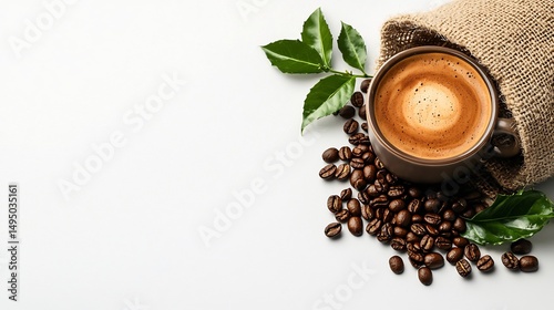 Aromatic coffee in a cup, with coffee beans and leaves (1)