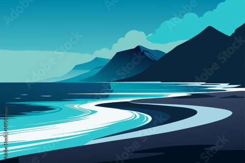 black sand beach with turquoise crashing waves vector illustration