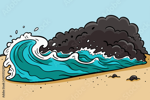 Black sand beach with turquoise waves crashing vector illustration