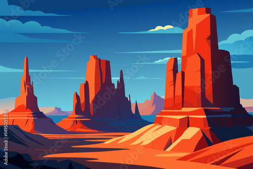 Landscape of towering red rock formations under sky vector illustration