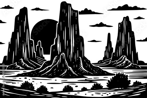 Landscape of towering red rock formations under sky vector illustration
