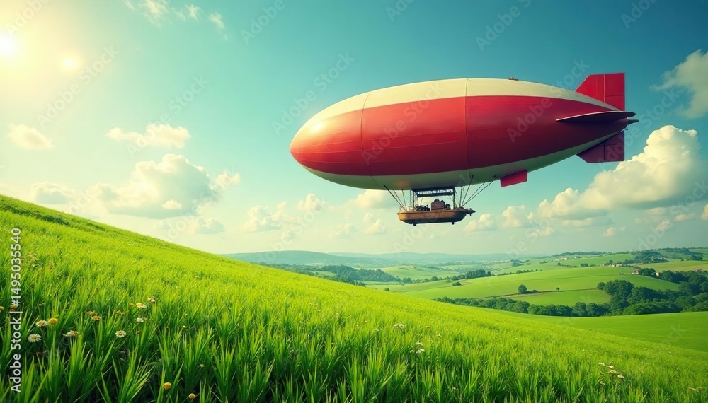 Fototapeta premium Vintage-style airship floating above a rolling green field , exploration, outdoor, idyllic