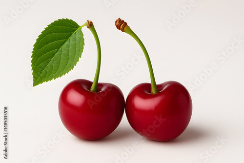 Two ripe red cherries with green leaves and stems on a white surface