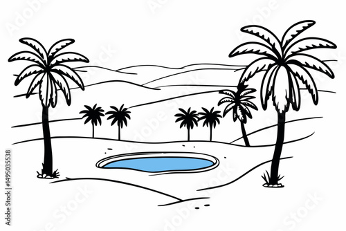 Mystical oasis in the middle of the desert with palm trees vector illustration