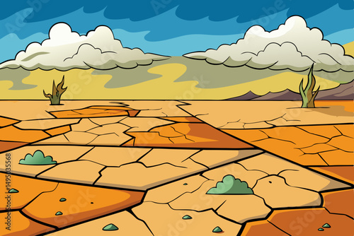 Cracked dry desert floor with storm clouds approaching vector illustration