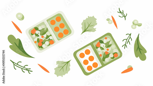 Two meal prep containers with carrots and greens surrounded by loose vegetables and herbs flat lay