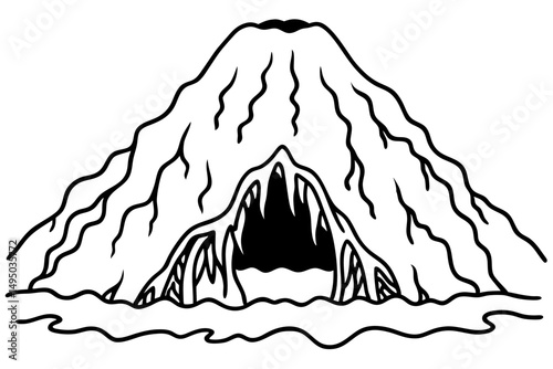 volcanic cave with flowing molten lava vector illustration