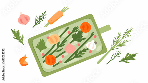 Still life of vegetables and herbs on a cutting board with garlic and carrot on white background