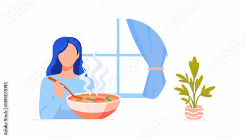 Illustration of a woman with blue hair eating soup near a window and a potted plant in a white room