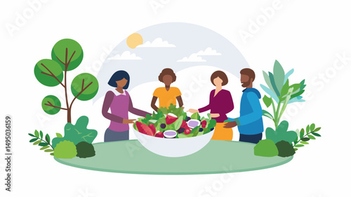 Diverse group of people gathered around a large salad bowl in a garden setting with trees and sun