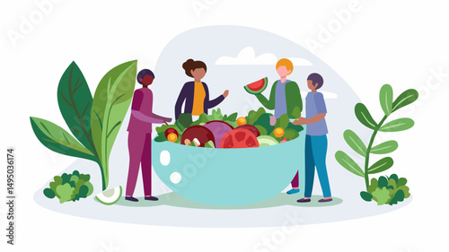 Group of people around a giant salad bowl with tomatoes and watermelon and leafy greens in the background