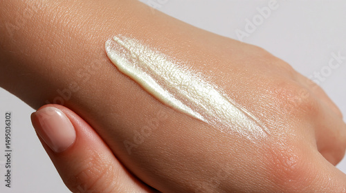 Iridescent Cream Swatch on Hand with Subtle Pearl Effect for Skincare or Makeup Application Demonstration