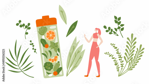 Woman in sportswear stands near a detox water bottle surrounded by various green plants and leaves