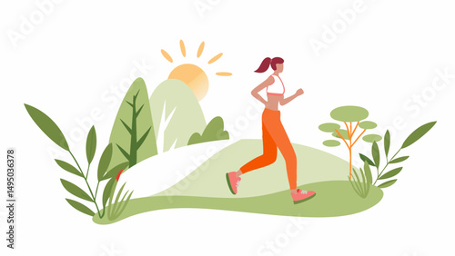 Woman running in nature with trees and sun in the background on a bright day for exercise and fitness outdoors