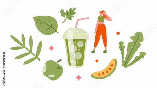 Illustration of a woman with a green smoothie surrounded by leaves and fruit on a white background scene