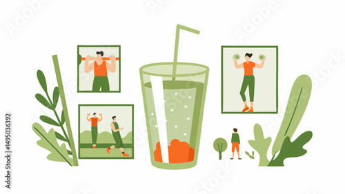Illustration showcasing a glass of juice surrounded by images of people exercising and greenery design