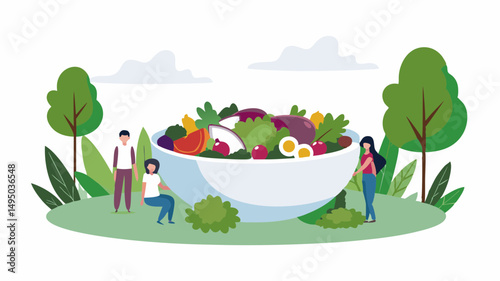 Illustration of people around a giant salad bowl with trees and clouds in the background outdoor scene