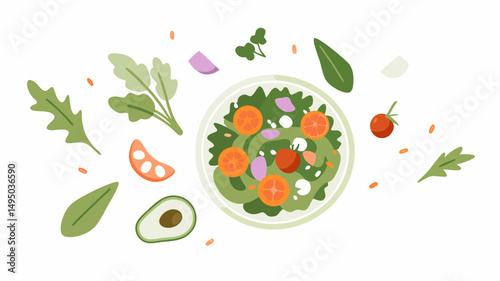 Overhead shot of a vibrant salad with tomatoes avocado and mixed greens on a white background spread out