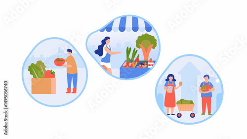 Illustration of three scenes depicting farmers selling fresh produce at a farmers market setting indoors